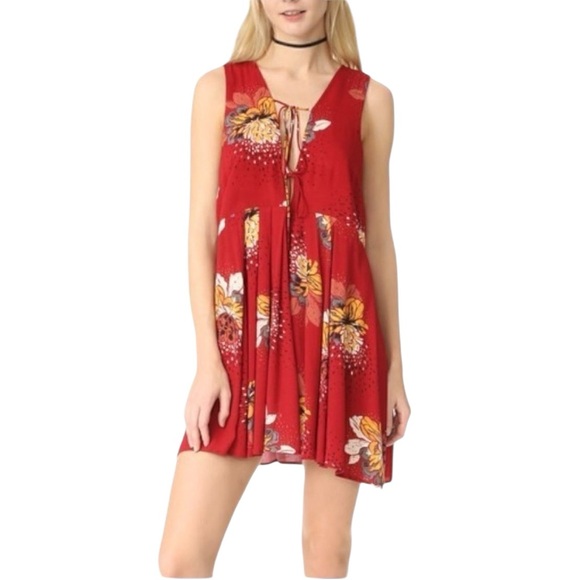 Free People Lovely Day Floral Print Mini Tunic Dress L Red Boho Tie Front Boxy - Picture 5 of 15